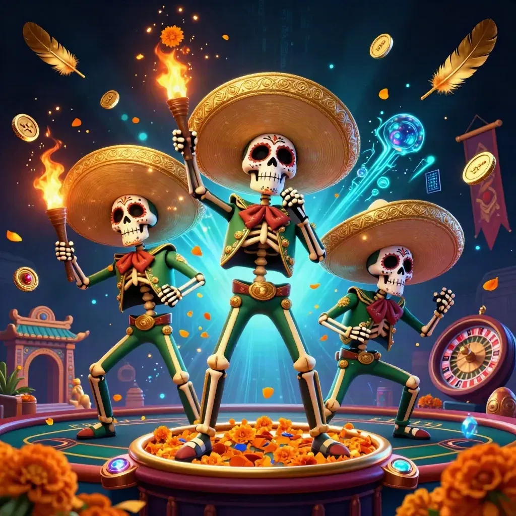 Day-of-the-Dead mariachi skeleton trio amid casino-luxe torchlight, roulette glow, temple gate, neon sparks