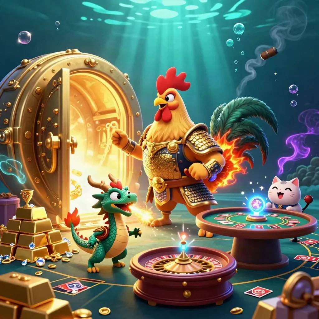 Rooster warrior, dragon hatchling, and fortune cat beside a glowing gold vault in a luxe casino scene.