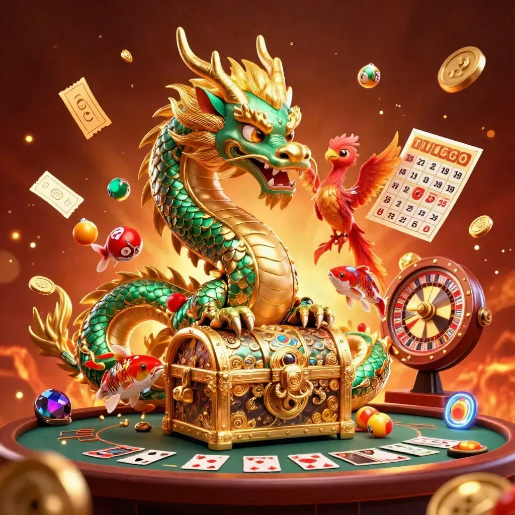 Dragon, phoenix and koi swirl around casino prizes in a fiery luxury lounge.