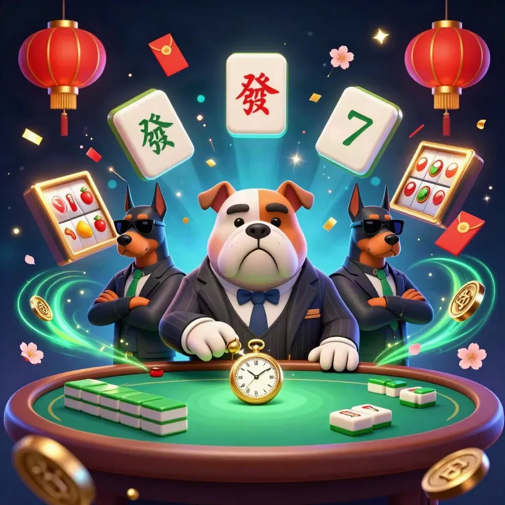 Mafia bulldog and two Dobermans amid casino icons, fireworks, neon swirls, and gold confetti.