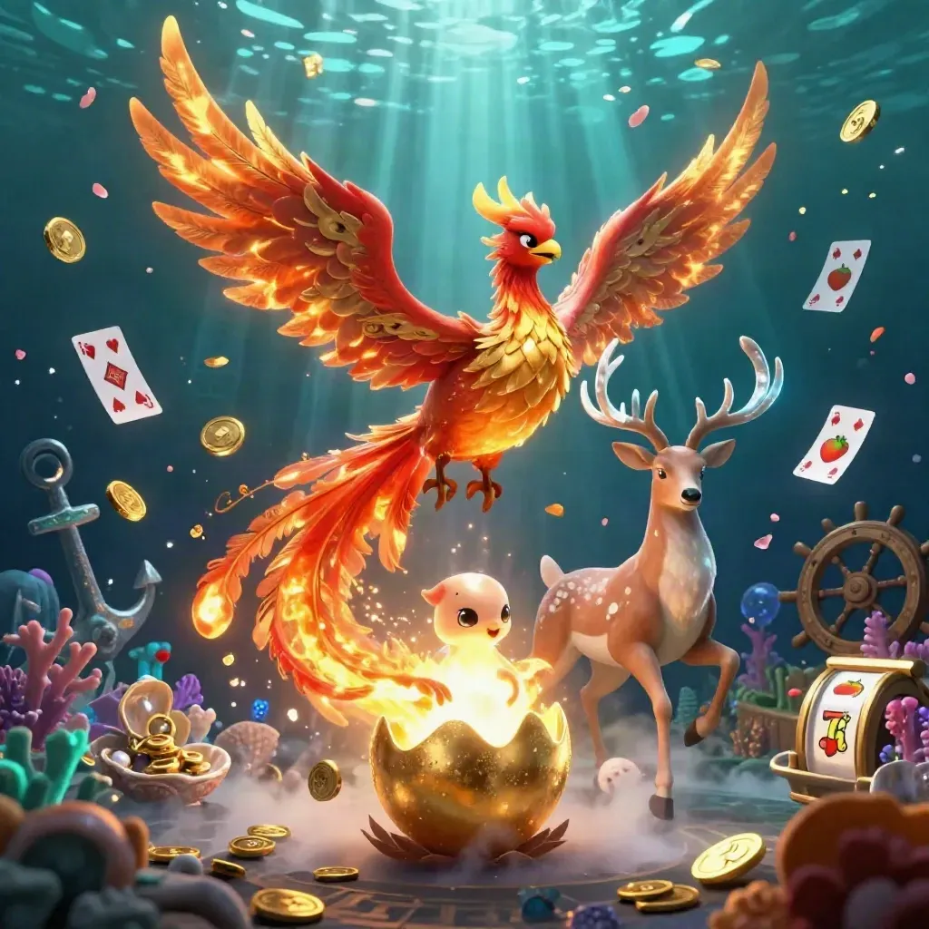 Phoenix, baby phoenix, and crystalline stag in an underwater treasure cove with coins, coral, and glowing light