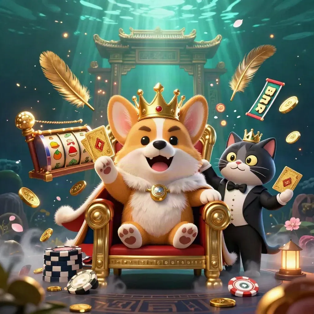 Crowned corgi and cat butler amid casino treasures in an underwater teal glow.