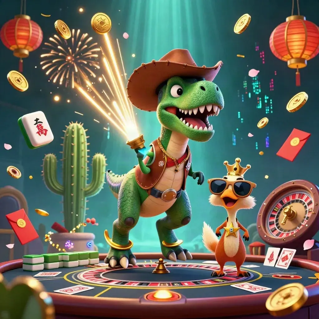 Cartoon T-Rex, cactus, and roadrunner celebrate with coins, fireworks, and casino props.