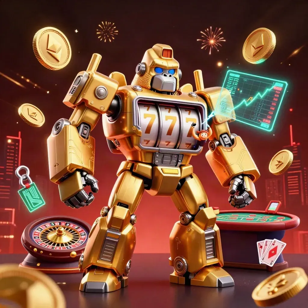 Golden gorilla mech and monkey pilot burst from a coin vault amid casino lights and fireworks