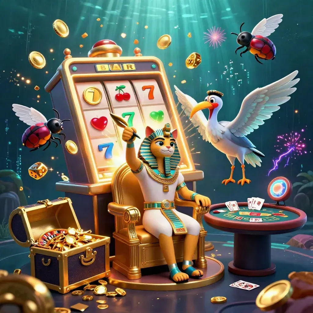 Pharaoh cat, ibis scribe, and gem-wing scarabs amid exploding gold, casino symbols, and glowing cards.