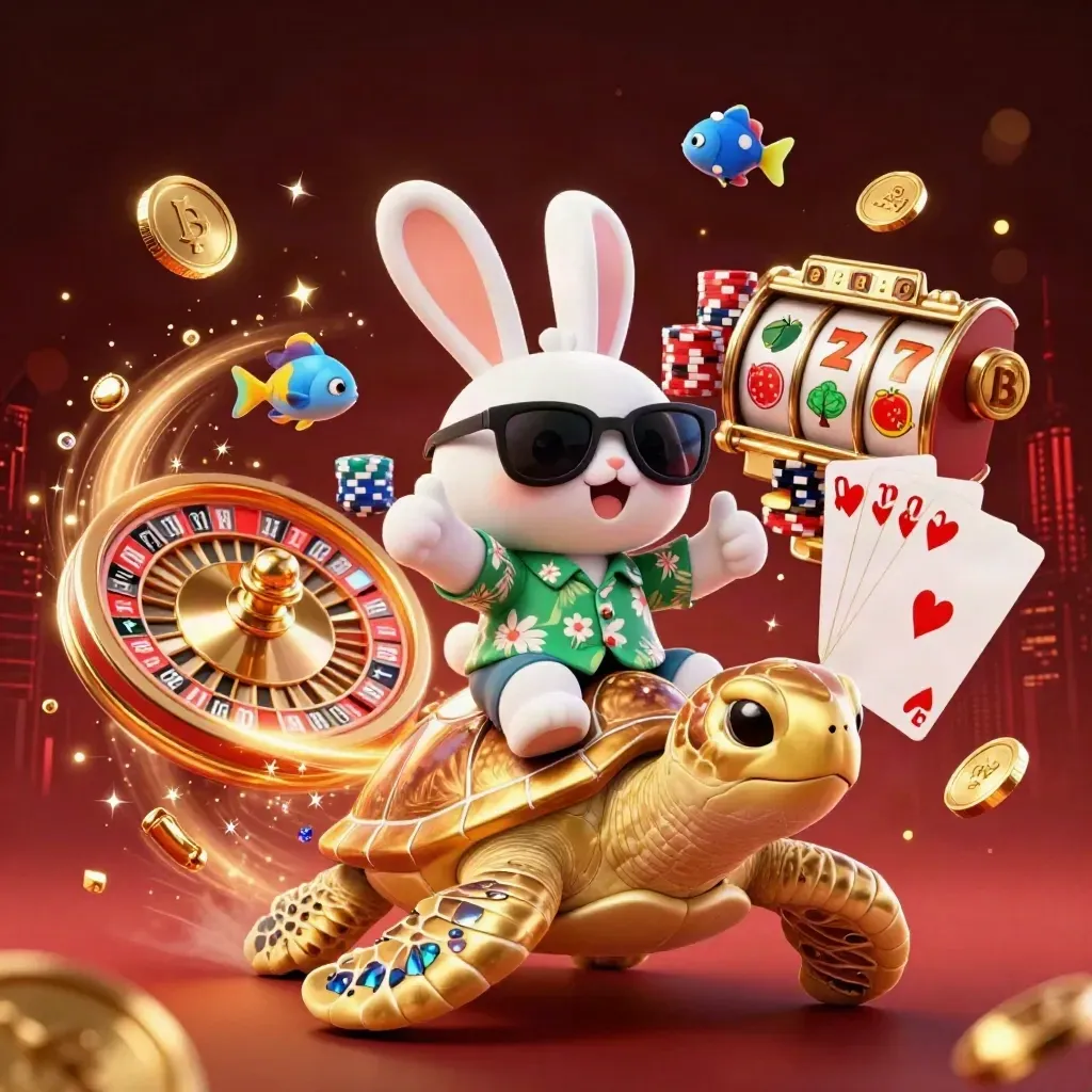 Rabbit in sunglasses riding a gold sea turtle amid casino chips, cards, reels, and sparks.