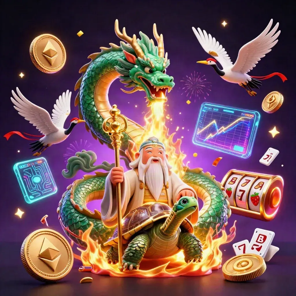 Emerald dragon, turtle sage, and cranes amid casino magic, coins, sparks, and fireworks.
