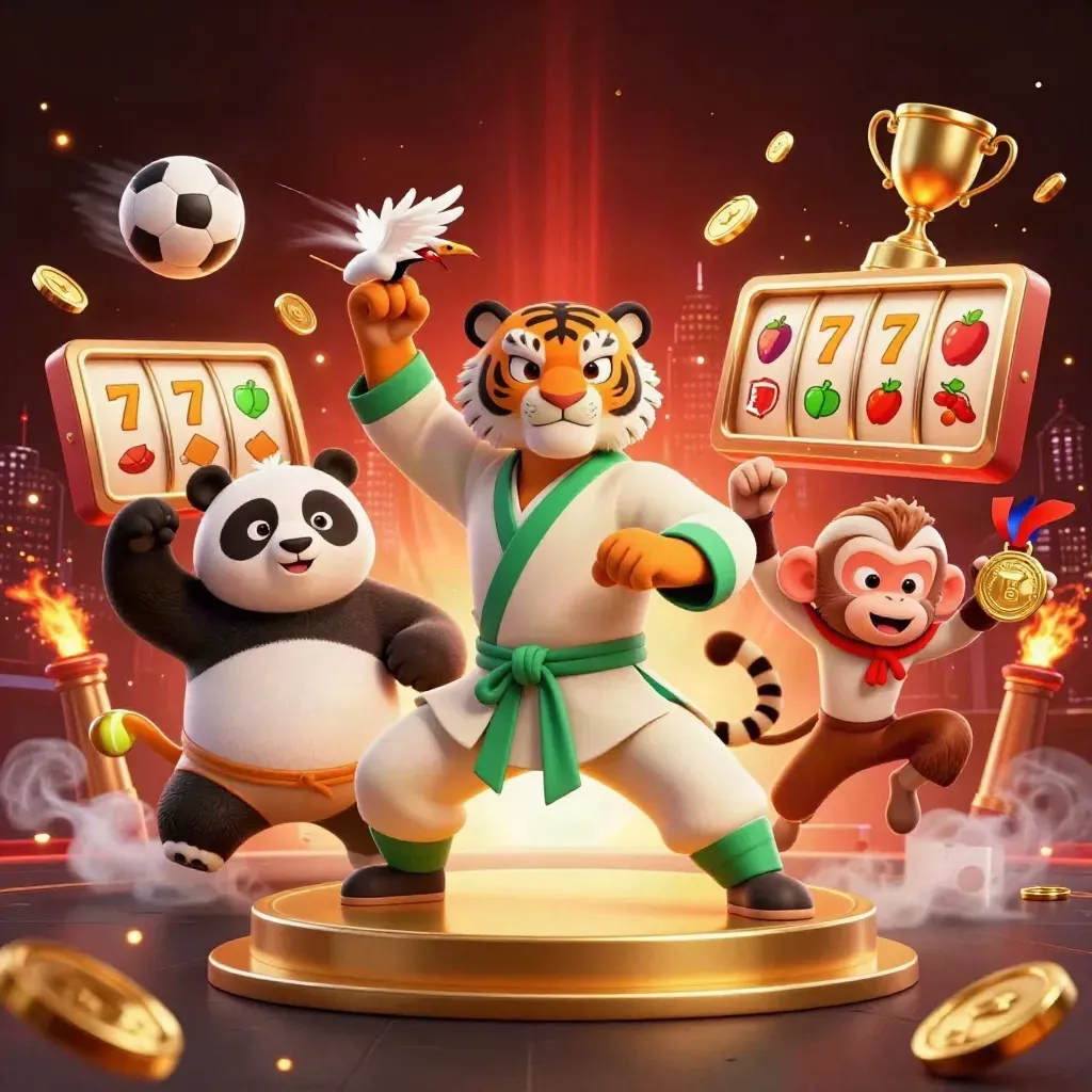 Kung-fu tiger, panda, and monkey amid casino symbols, coins, and neon lighting.