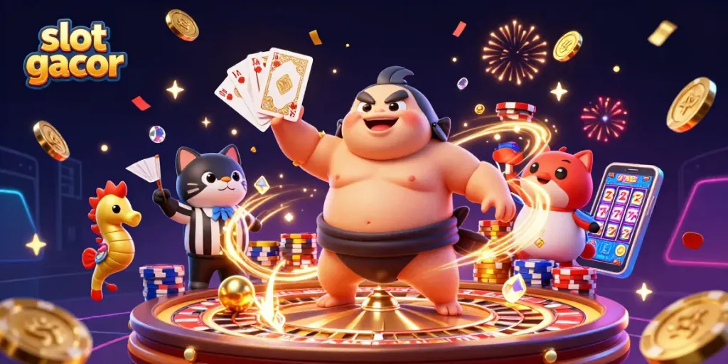 Experience slot gacor excitement with 3D characters and dynamic casino elements in a vibrant scene