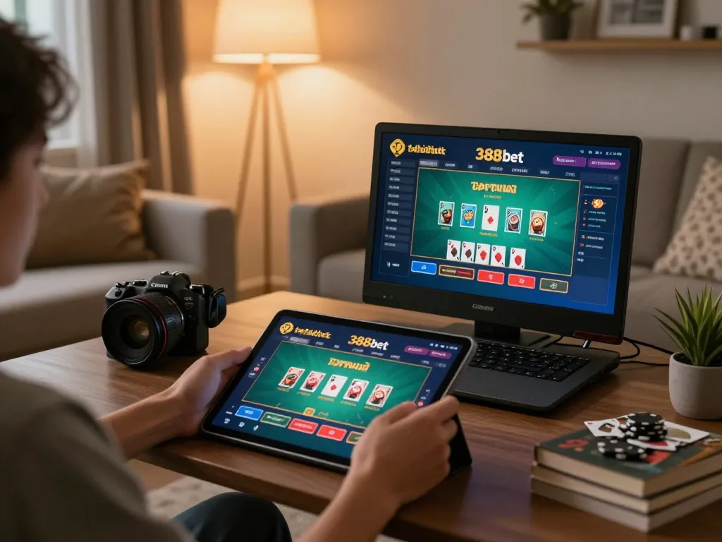 Person enjoying strategic online gaming with 388bet in inviting home setting, showcasing engaging gameplay