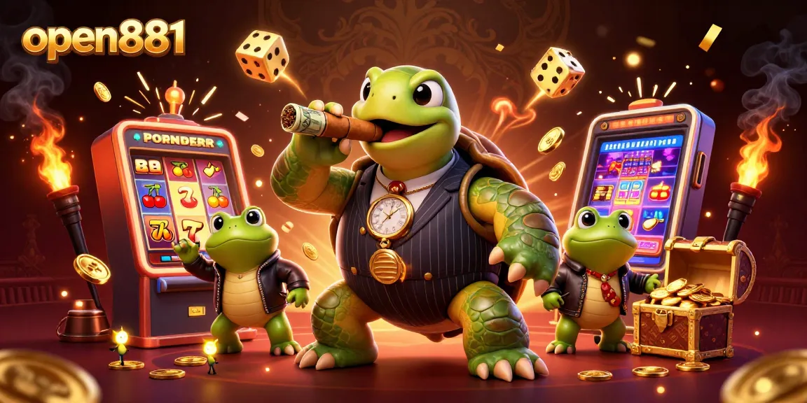 Experience thrilling gaming action at open881 with this vibrant 3D casino scene featuring a snapping turtle in a mobster suit.