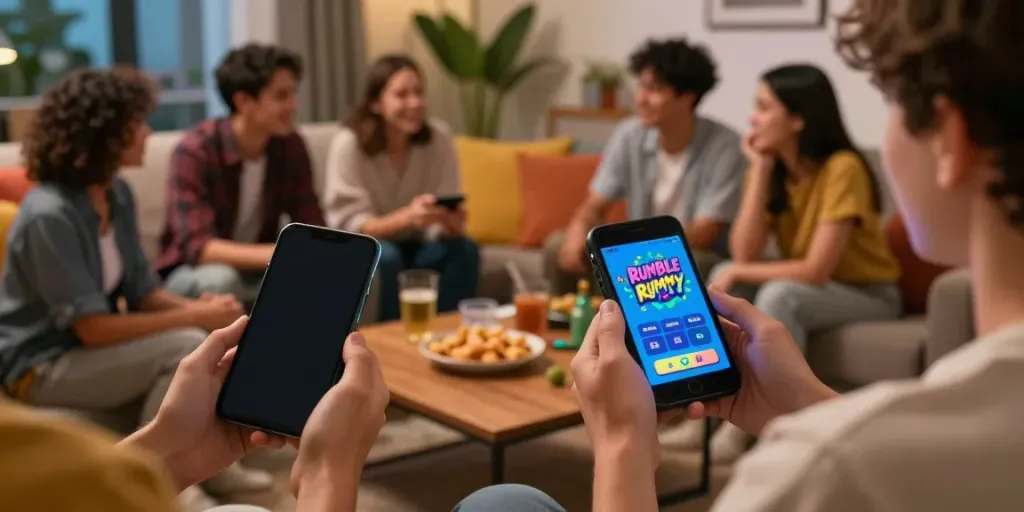Engaged players enjoying Rumble Rummy app on a smartphone in a cozy living room.