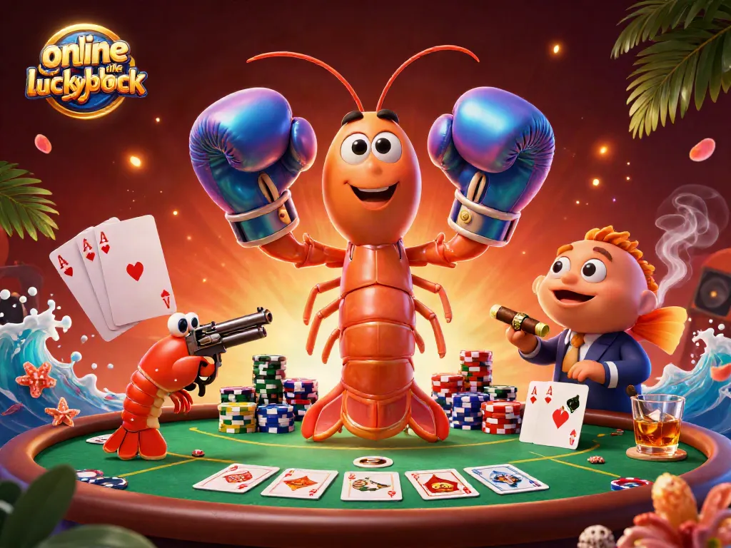 Engage with top online casinos like Lucky Block, showcasing vibrant poker elements in a dynamic 3D scene.
