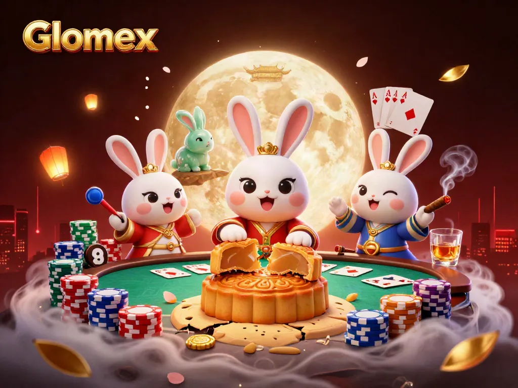 Bet on Glomex with poker chips revealed by a moon rabbit in a dynamic casino scene.