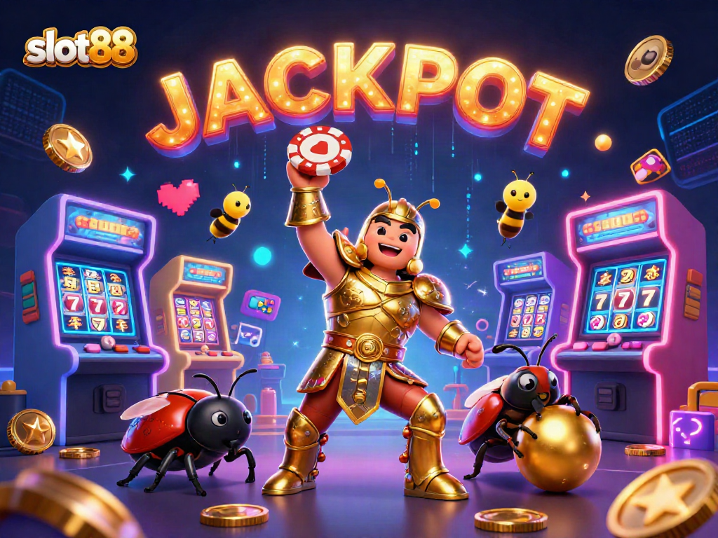 Join the excitement of slot88 with a dazzling illustration showcasing characters, neon games, and casino symbols.