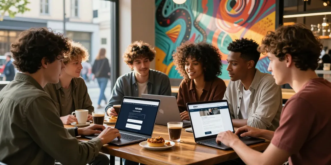 Young adults discussing ROKOK88 services in a vibrant café setting