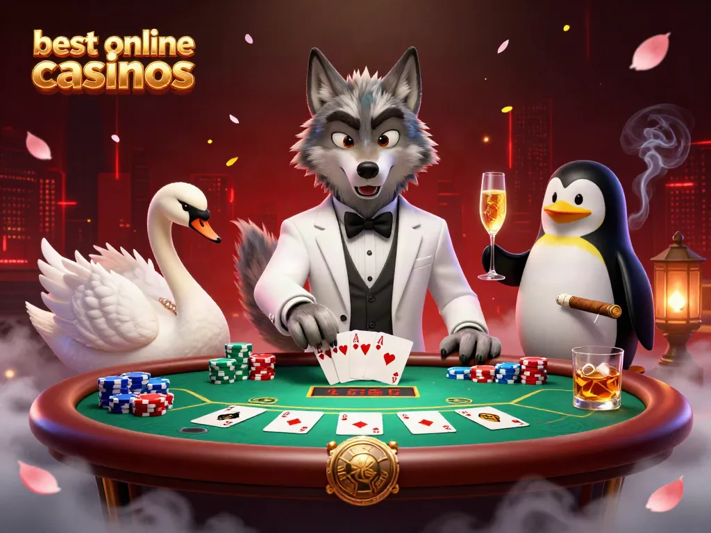 Experience the excitement at the best online casinos with a debonair wolf, elegant swan, and penguin sommelier in action.