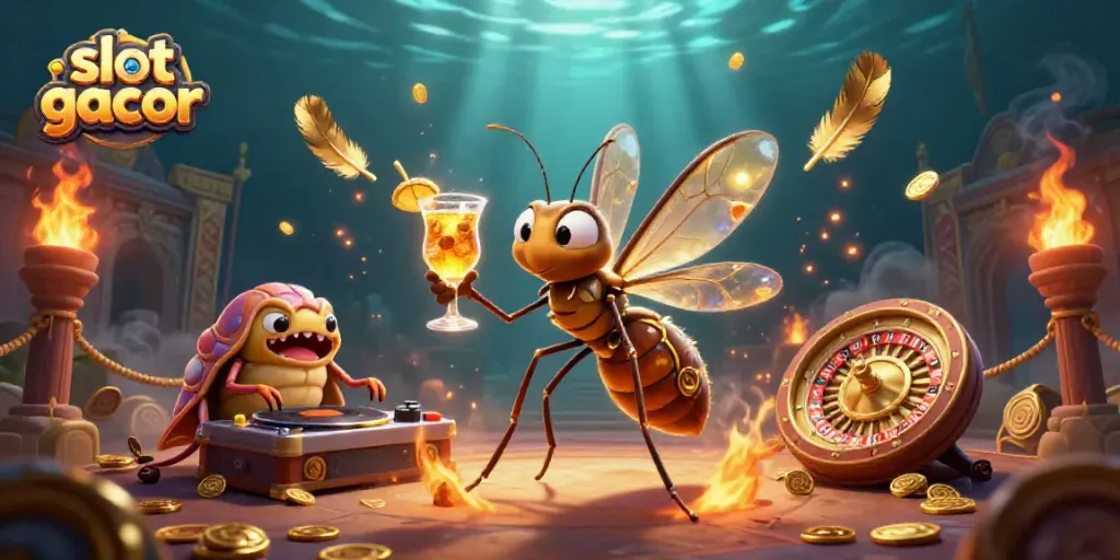 Experience the vibrant action of slot gacor with a dynamic casino scene featuring unique characters and golden elements.