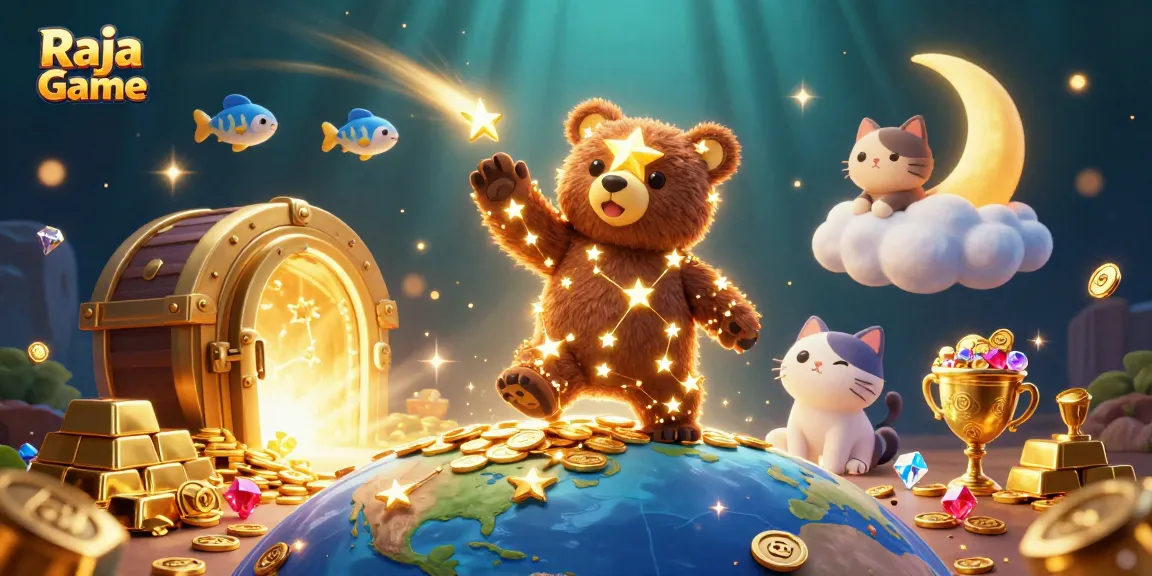 Enjoy thrilling games on Raja Game as the constellation bear scoops coins while a moon cat lounges above.