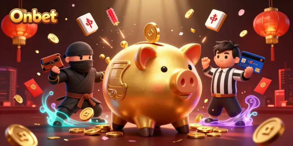 Onbet features a whimsical sumo wrestler piggy bank, wallet ninja, and samurai referee amid dazzling casino elements.