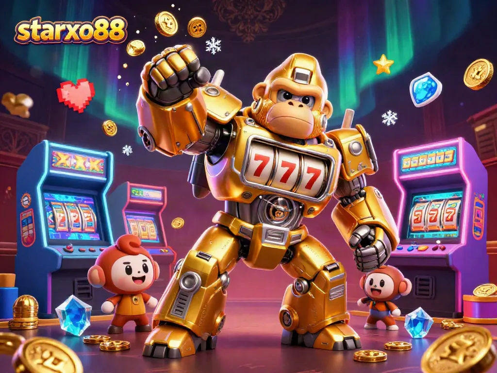 Experience starxo88 as the golden gorilla mech triumphantly dominates with casino elements.