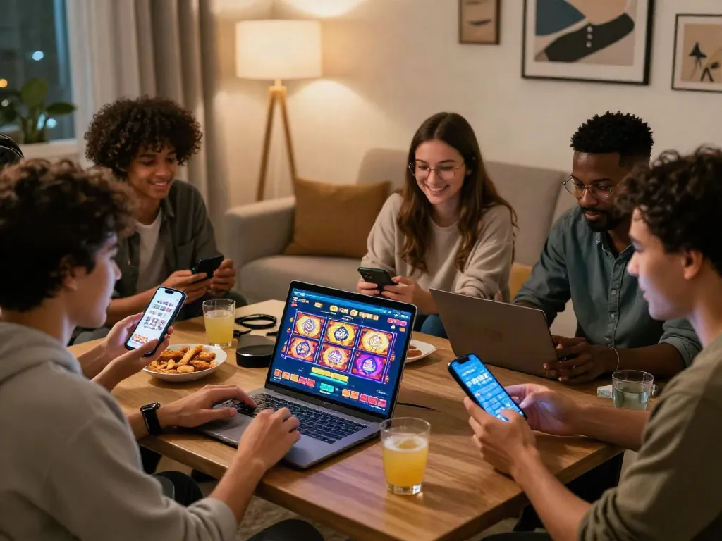 Group excitement while playing slot online games at home with friends.