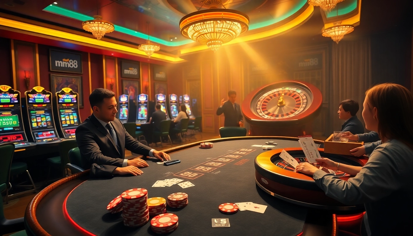 Exciting casino atmosphere showcasing mm88's vibrant betting environment with players and games.