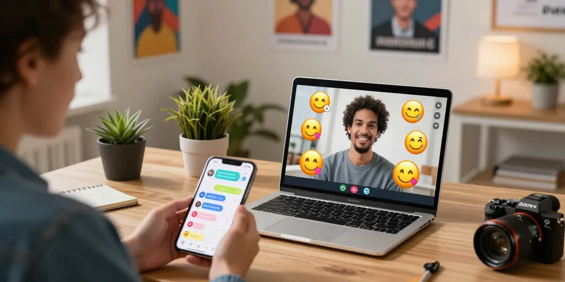Engaging online chat scene with users on devices, showcasing شات فله features in a friendly home office setting.