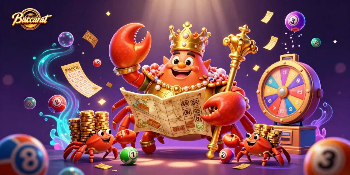 Experience Baccarat with a golden crab emperor and hermit crabs, surrounded by vibrant game elements.