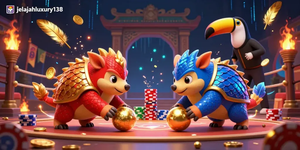 Experience the thrilling competition of jelajahluxury138 with cartoon pangolins bowling through poker chips.