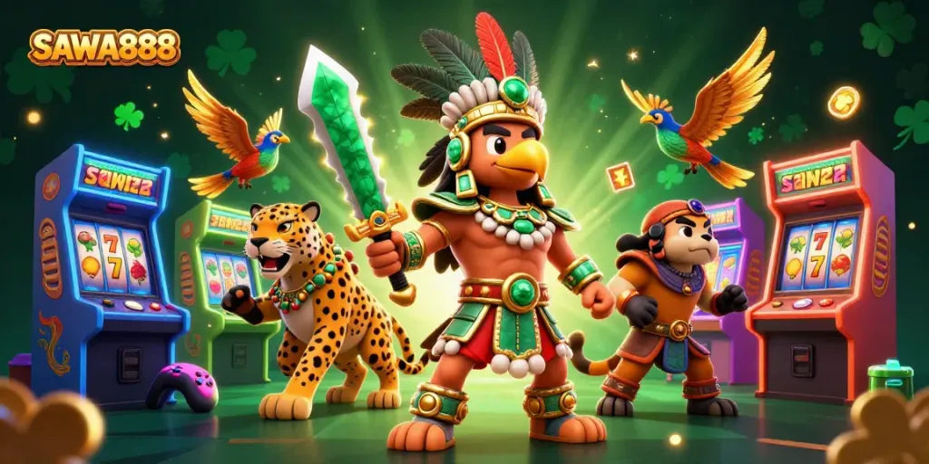 Win big and experience excitement with SAWA888's casino gaming scene featuring Aztec warriors.