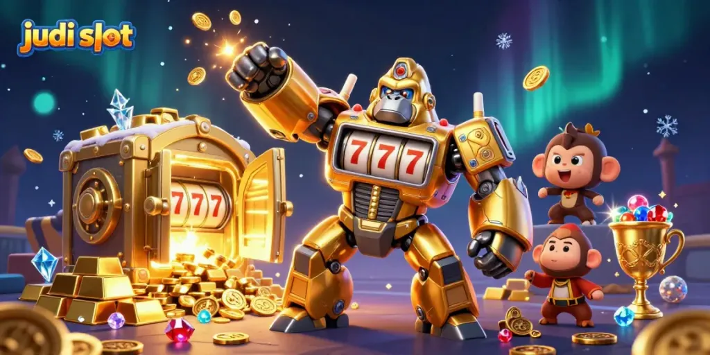 Mendapatkan bonus judi slot tak terduga dengan gorila emas mekanik dan harta berkilau.