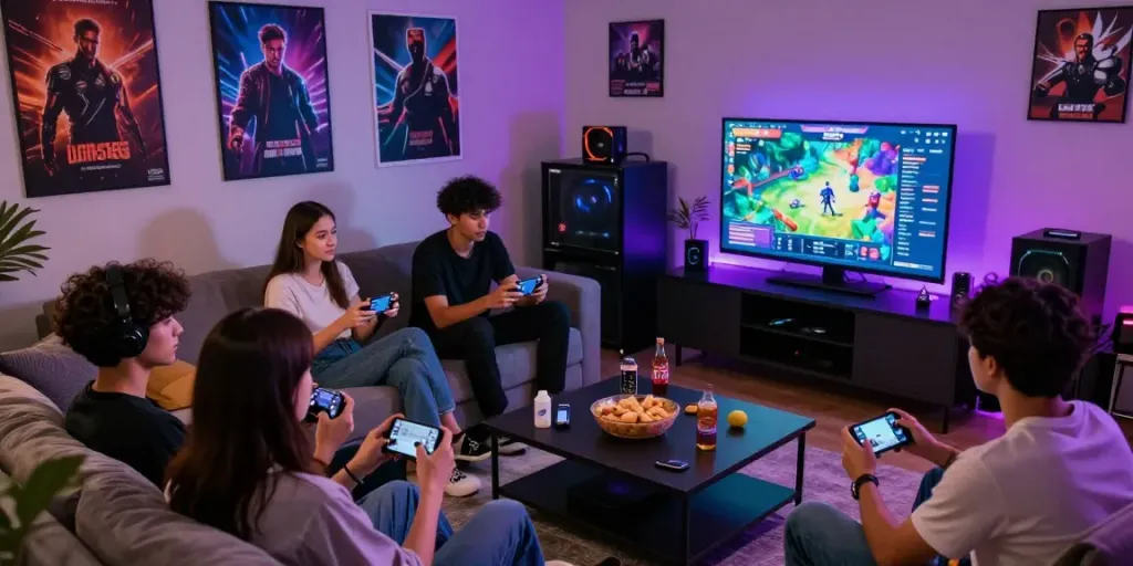 Friends enjoying a lively gaming session with lotus365 on a large screen, creating an energetic atmosphere.
