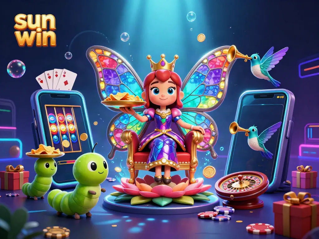 Experience the excitement of sun win with a vibrant 3D casino scene featuring a butterfly queen, chips, and slot games.