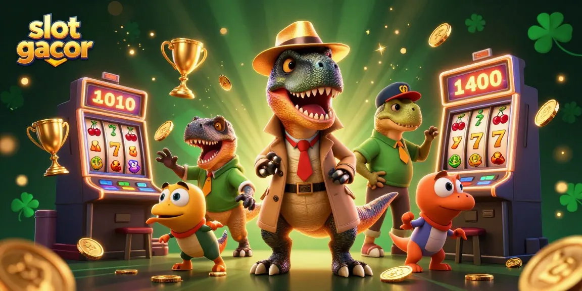 Karakter slot gacor lucu melakukan aksi mencuri chip di mural slot, dengan pit boss mengawasi secara curiga.
