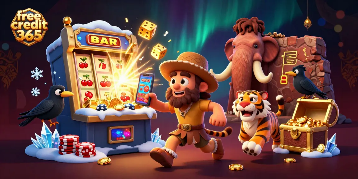 Win big at free credit 365 with a playful 3D casino scene featuring cavemen and vibrant game elements!