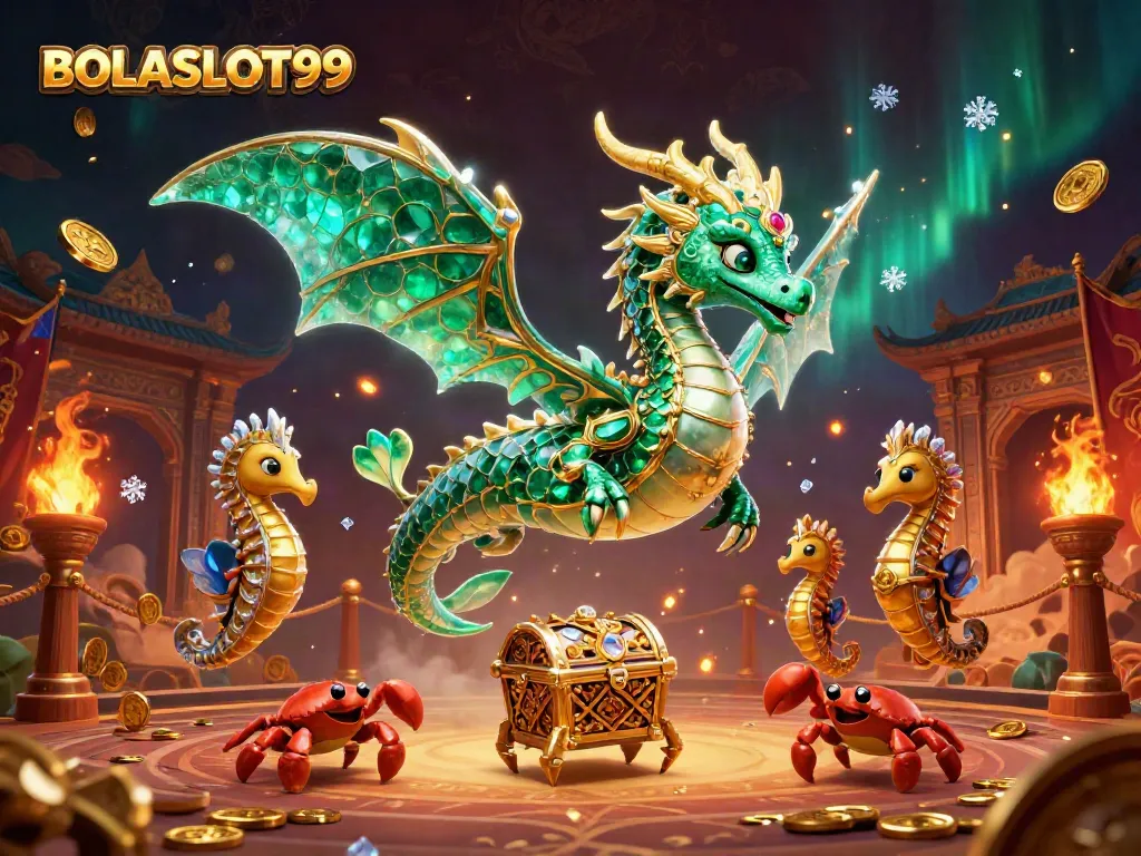Experience BOLASLOT99 with a vibrant sea dragon, treasure, and casino elements in dynamic 3D art.