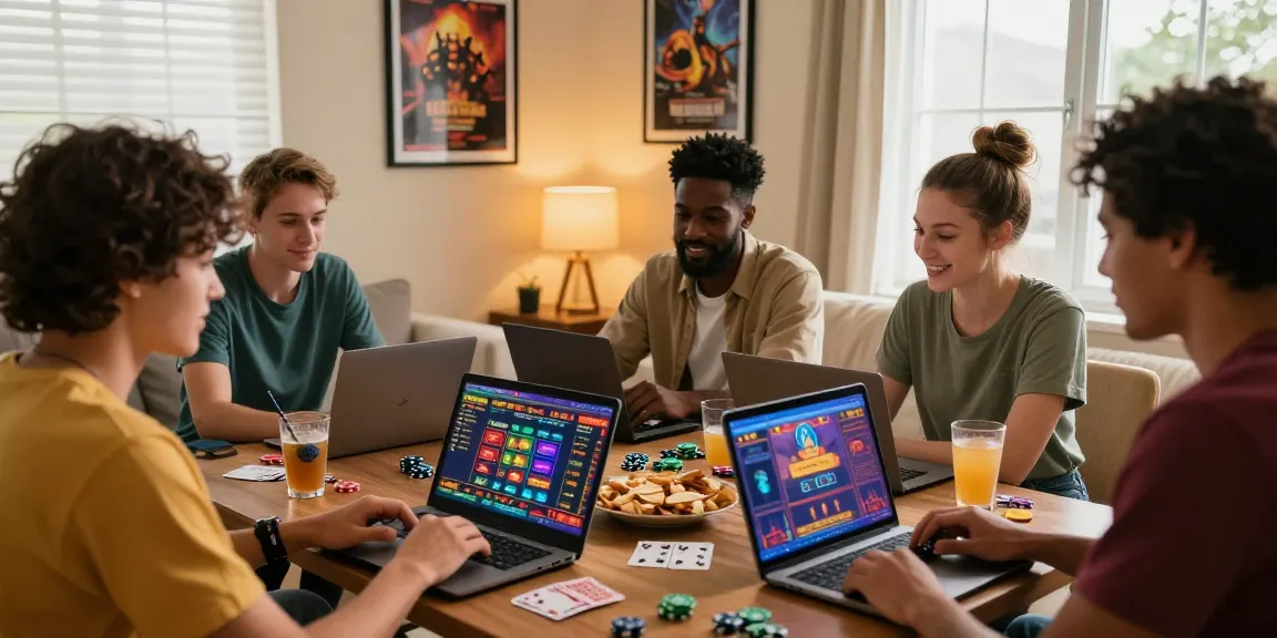 Engaged friends enjoying online casinos Australia on laptops in a cozy living room.