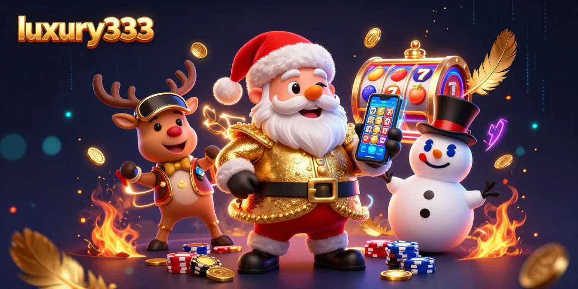 Santa Claus bermain slot di luxury333 dengan rekan-rekannya, menampilkan suasana kasino yang meriah.
