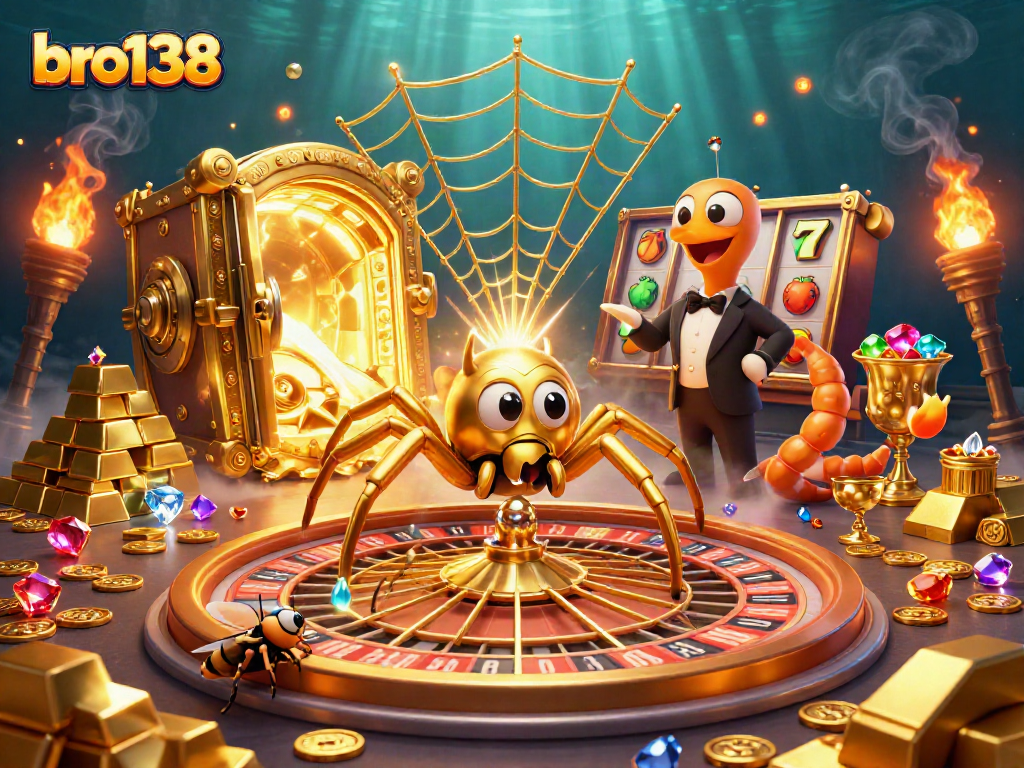 Experience bro138's thrilling slots with a 3D illustration of a golden web roulette and vibrant riches.