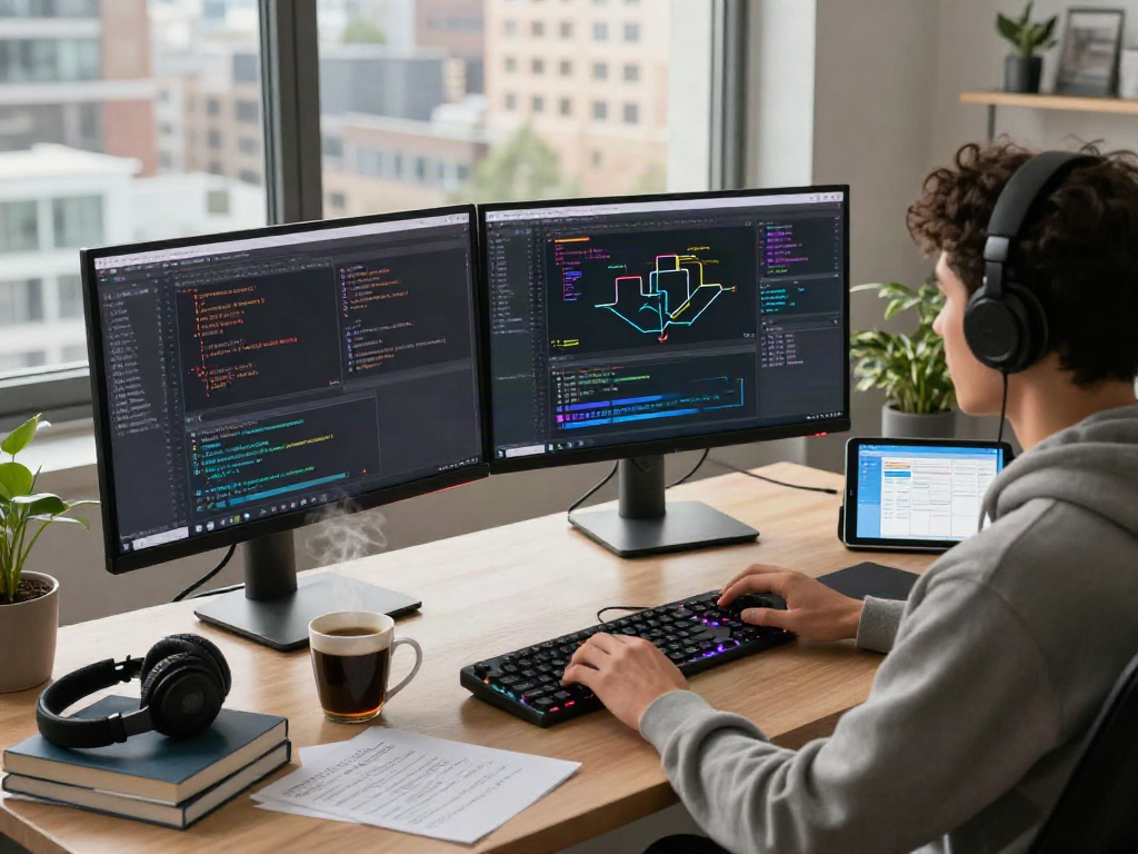 Developer coding at a modern workstation showcasing innovative tools from https://alo8app.win/ in a bright city office.