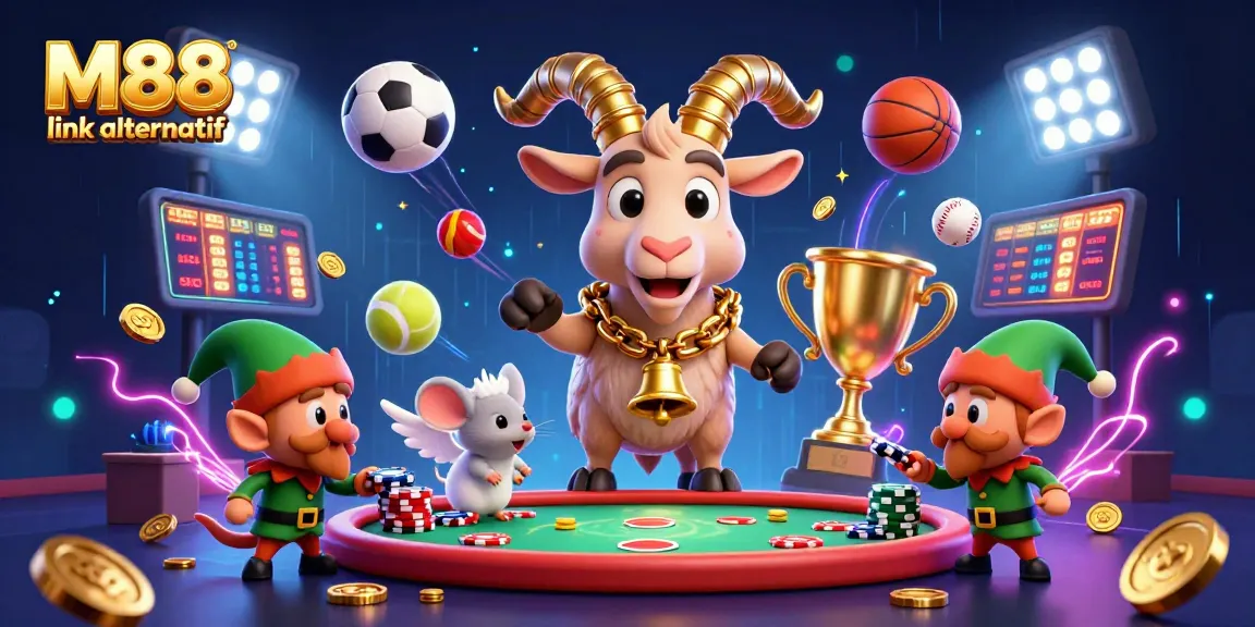 M88 link alternatif offers a compelling casino experience with festive elements, showcasing a lively scene of gambling action.