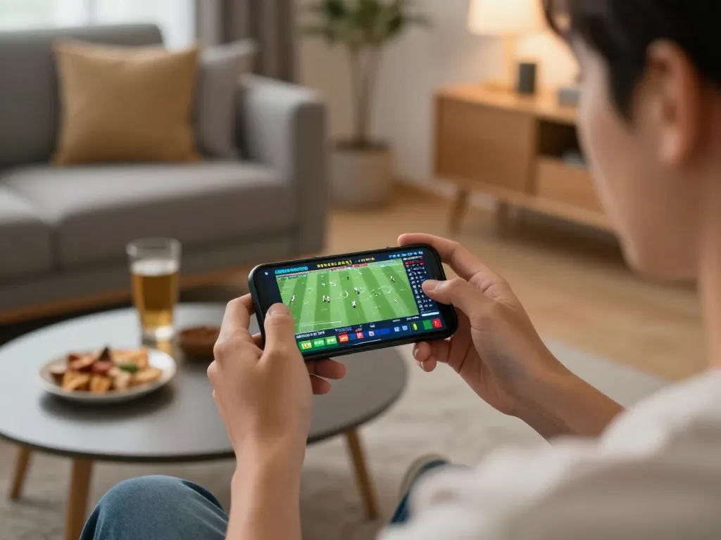 Engaging with luongsontv during a live football match on smartphone in a cozy home setup