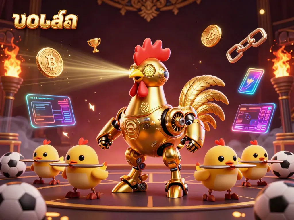 Engage with บอลสด action as you explore dynamic sports betting scenes featuring golden rooster robot and baby chick drones.
