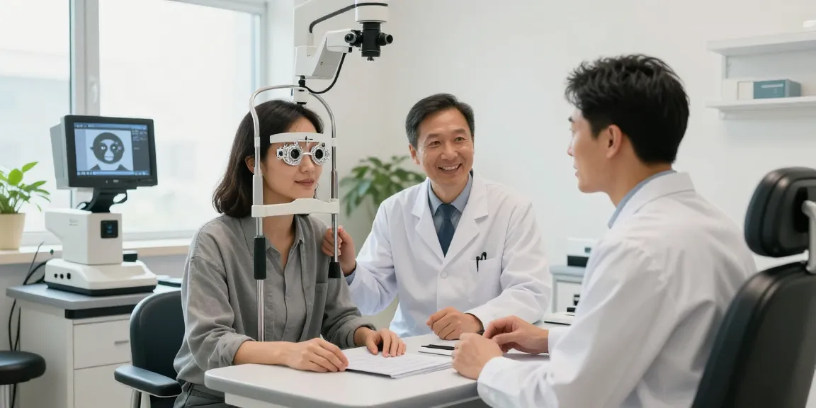 SNU Eye Clinic consultation with patient and eye specialist in a modern facility.