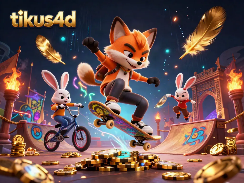 Gambaran tikus4d yang menggambarkan fox skateboarder melakukan trik di atas chip poker emas dengan teman kelinci BMX.
