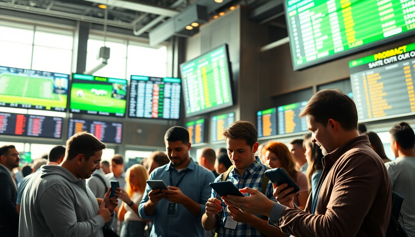 Engaged bettors analyzing odds in a vibrant sports betting atmosphere.