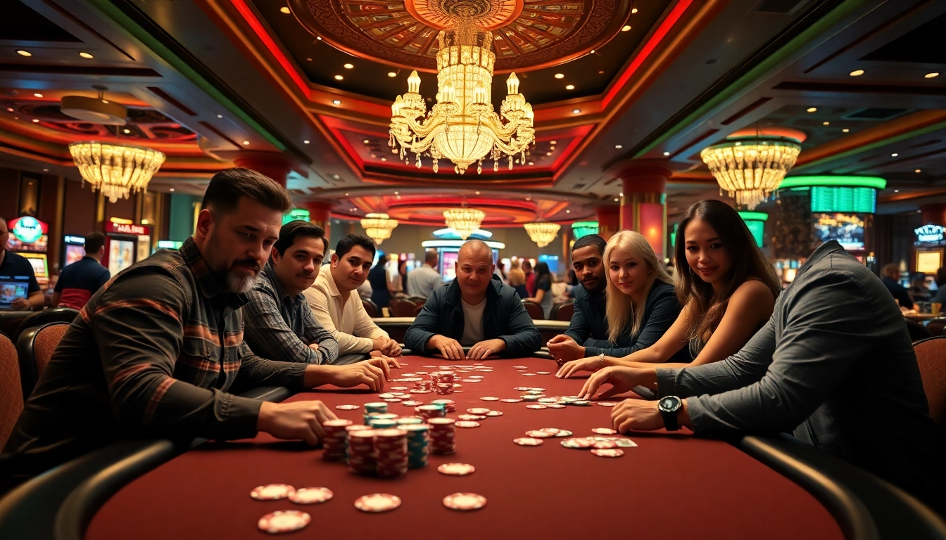 Join a thrilling Poker Game at a vibrant casino table filled with chips and focused players.