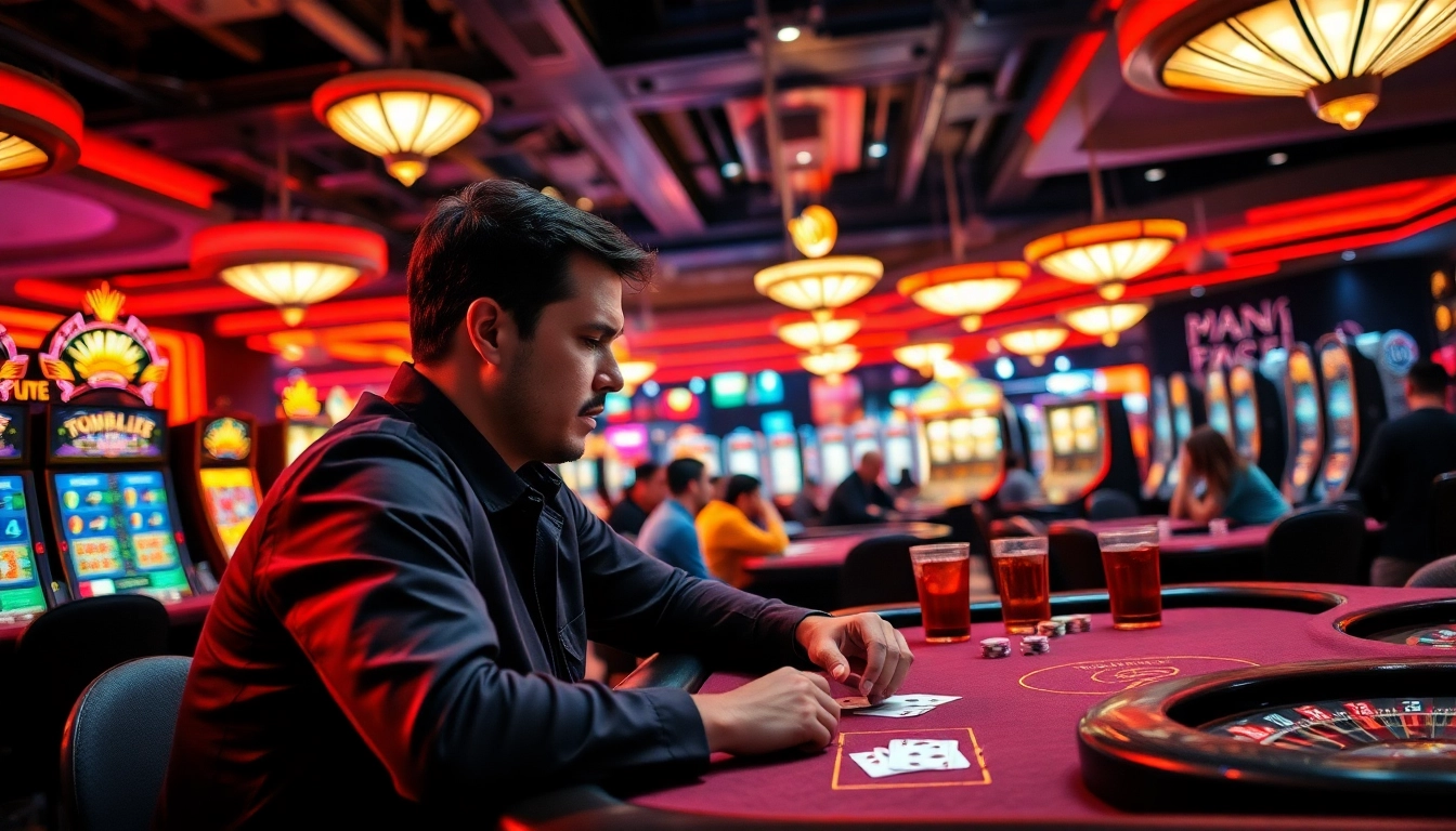 Engaged player at a vibrant casino table, showcasing intense focus and excitement in the casino