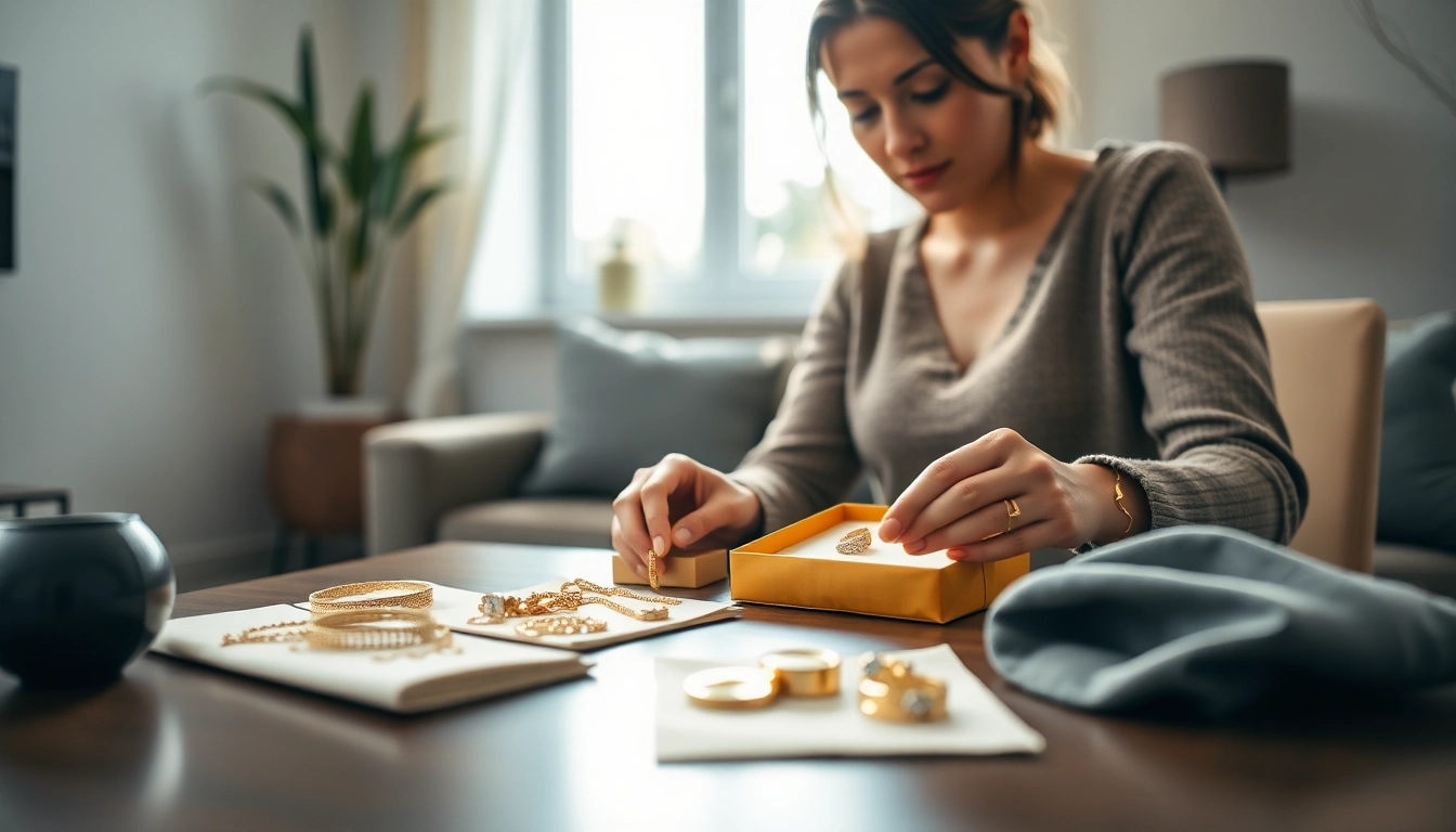 Compro oro a distanza: Persona imballa gioielli per una vendita sicura da casa.